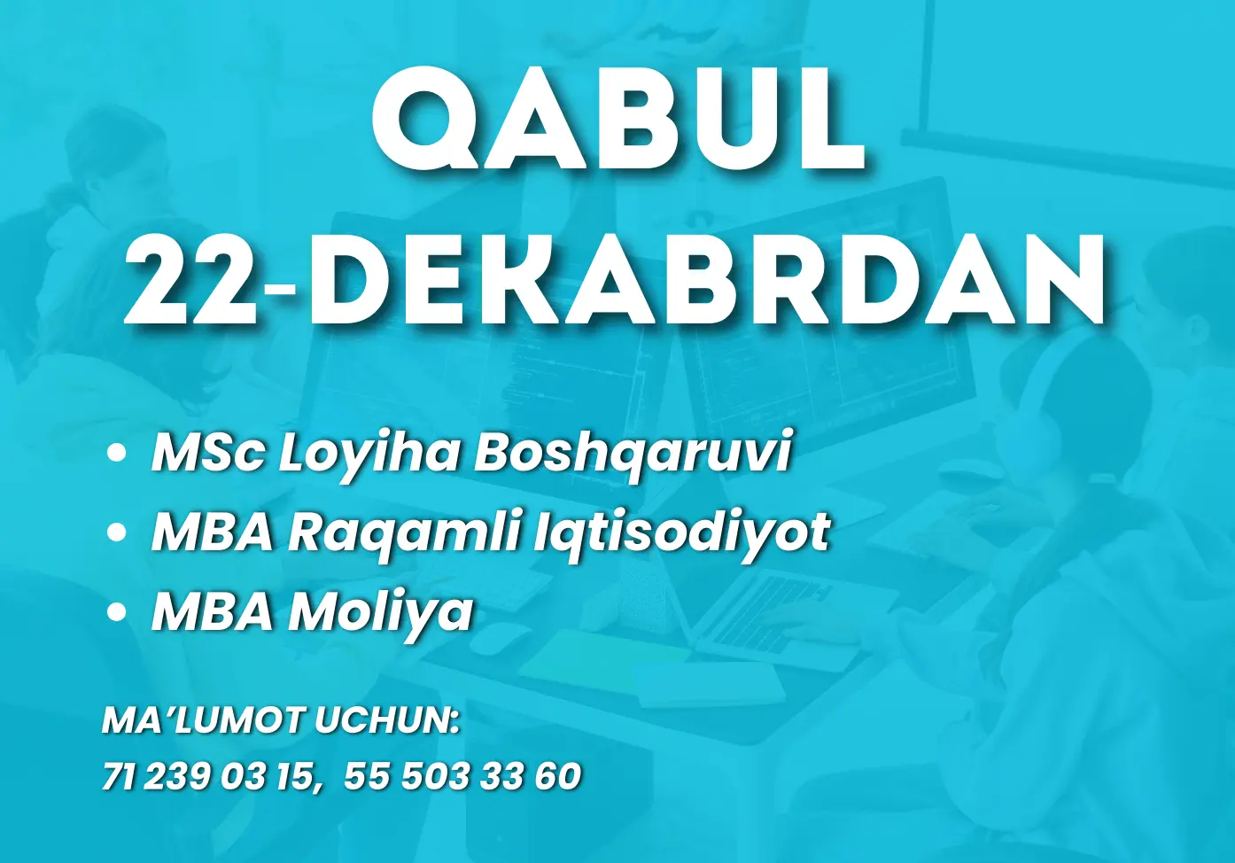 Biznes va tadbirkorlik oliy maktabida 2025/2026 o’quv yili uchun qishki qabul jarayonlari 2025-yil 22 dekabr kunidan boshlanadi